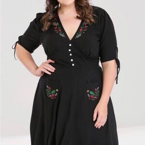 Hell Bunny 1940’s Style Olivia Black Dress with Floral Embroidery